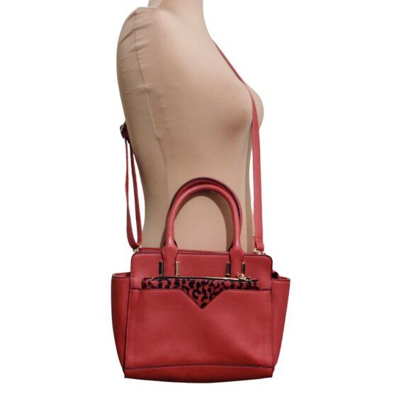 Red Faux Leather Leopard Accent Satchel Crossbody Bag Y2K Maximalist Statement - Picture 2 of 8
